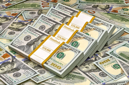 New design dollar bundles stack of bundles of 100 US dollars money background concept