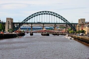 Fototapeta premium The Tyne Bridge, with Swing and High Level bridges at the back over the River Tyne in North East England, linking Newcastle upon Tyne and Gateshead, England, UK