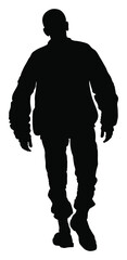 Angry hooligan walking the street vector silhouette illustration. Punk bully. Ruffian fan after soccer game. Rowdy boy. Skinhead member in recognizable clothes. Neo Nazi man back view. - obrazy, fototapety, plakaty