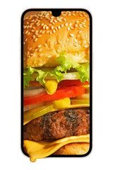 Food delivery concept. Ordering food in a smartphone. Burger and phone isolated on white background.