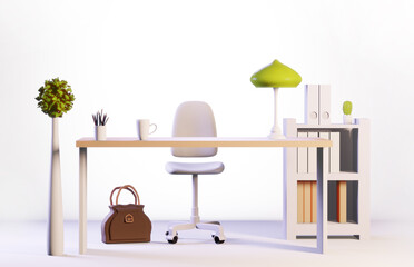 3D rendering illustration of working place in office. Desk, lamp, chair and window.