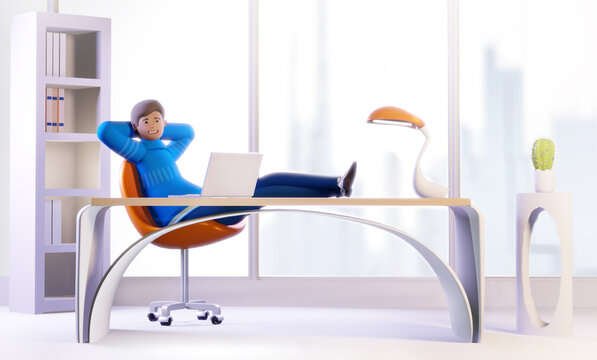 3D rendering illustration. Happy successful businessman working in his office by the desk. Office working environment. Busy businessman working with computer