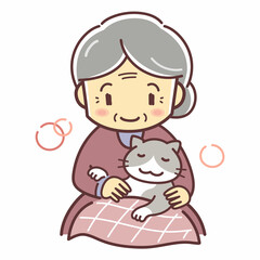 ネコを膝に乗せるおばあさんのイラスト（ペットのいる暮らし・デフォルメ）