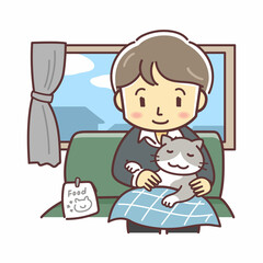 ネコを膝に乗せる男性と室内風景のイラスト（猫派・猫のいる暮らし・デフォルメ）
