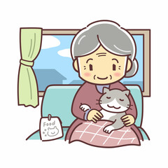 ネコを膝に乗せるおばあさんのイラスト（ペットのいる室内風景・デフォルメ）