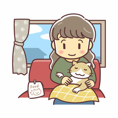ネコを膝に乗せる女性と室内風景のイラスト（猫派・猫のいる暮らし・デフォルメ）
