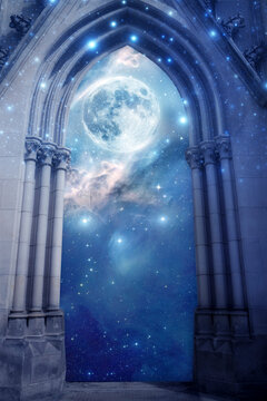 mystical gate with pillar with Moon, stars, galaxy like spiritual Universe fantasy magic background