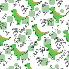 Cute pattern with dinosaurs and linear doodles, cartoon animals in green on a white background
