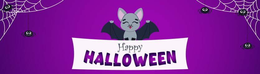 Naklejka premium Halloween design, Halloween mood Wide purple Halloween banner with white spider web and spiders. Cute cartoon bat.