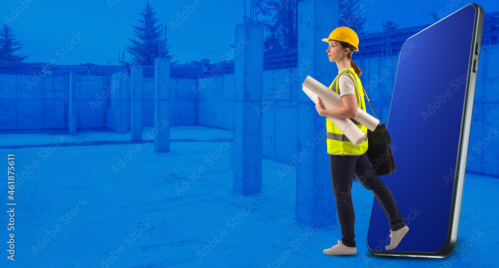 Aufkleber civil engineer inside building under construction. smartphone model next to engineer. engineering ap