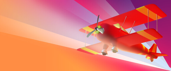 biplane model. Airplane biplane on colorful background. Flying plane front view. Place for your text. Red biplane with propeller. Aviation modeling concept. Three-dimensional aircraft model. 3d image
