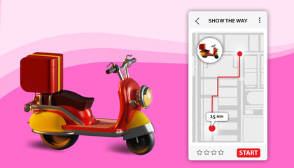 Delivery scooter and app interface. Courier route on app screen. Concept - tracking position of courier. Calling courier through application. Delivery service mobile site. Pink background. 3d image.