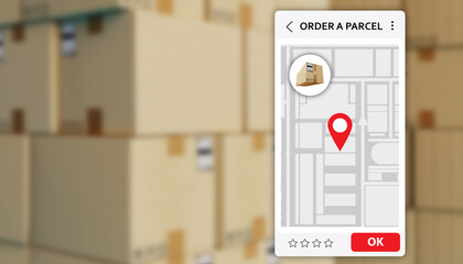 Order parcel interface. Application concept for Order parcel. Order parcel via website on phone. Mobile application for logistics company. Logistics of goods. Blurred boxes in background. 3d image.