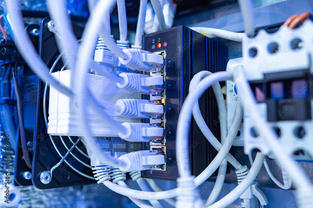 Poster network hardware. computer lan equipment. ethernet network cables connected to internet server. tele