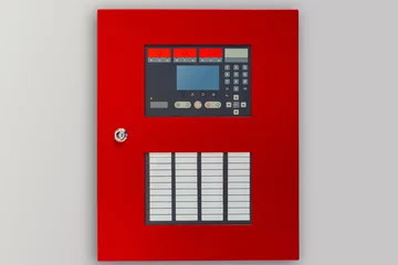 Fototapeten Feuer & Flamme Fire panel with buttons and sensors. Red panel for fire safety control. Fire panel on a light background. Safety control equipment. Concept - sale of security control systems. Anti flame equipment  © Grispb