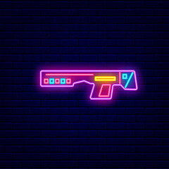 Cyberpunk gun neon icon. Futuristic weapon. Editable stroke. Isolated vector stock illustration