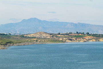 Nice panoramic view of the Santomera reservoir on a sunny day