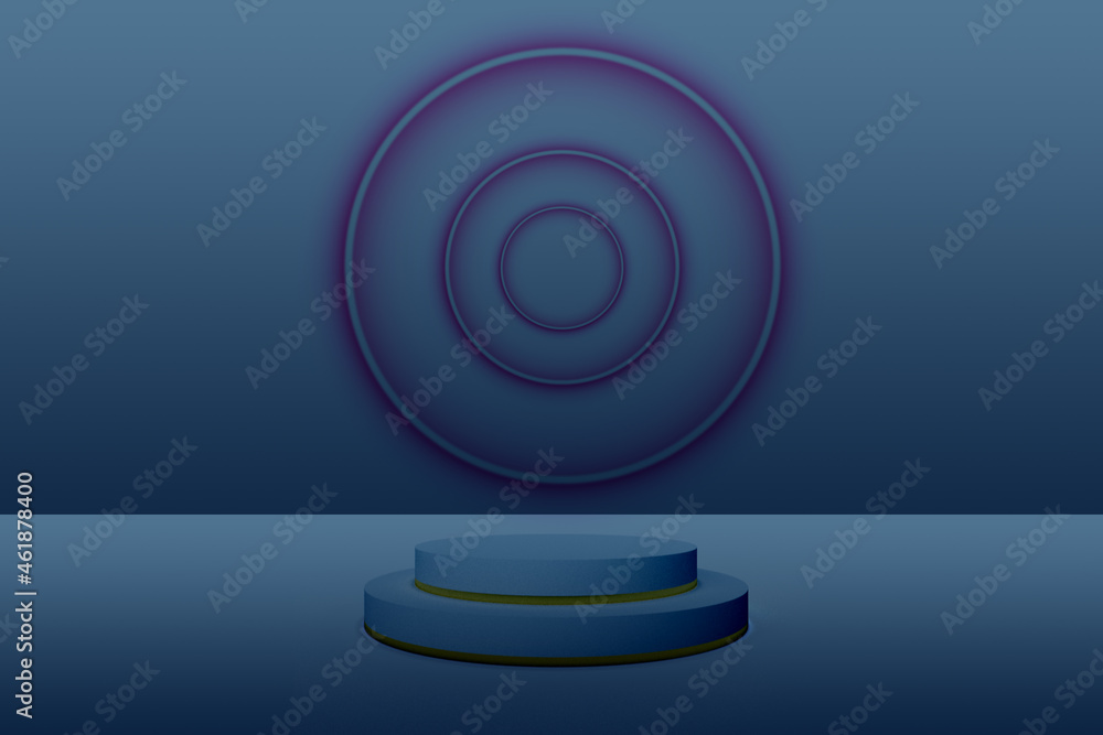 Sticker 3d rendering In a modern geometric design, a stage for awards on a website. The podium is set against a minimalist abstract background.