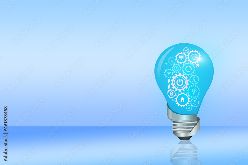Poster application of a lightbulb in a chain with gears, human triumph, innovative idea, industrial emblem 