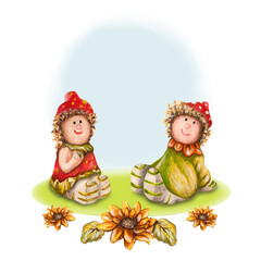 Semplice e carino sfondo naturale con personaggi del bosco, girasoli e foglie disegnate a mano