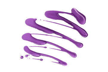 Purple nail polish splashes, isolated on white background, copy space