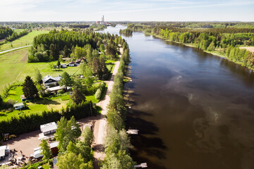 Aerial panoramic view of place Myllykoski at river Kymijoki, Kouvola, Finland.