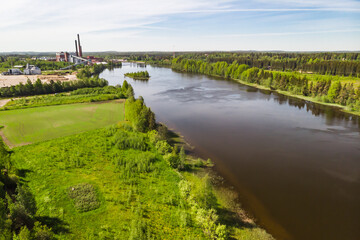 Aerial panoramic view of place Myllykoski at river Kymijoki, Kouvola, Finland.