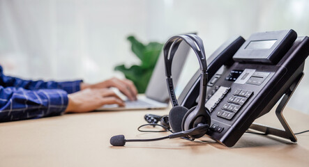 Communication support, call center and customer service help desk. telephone devices with VOIP...