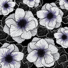 Anemones Wildflower Illustration. Anemone floral botanical flowers. Wild spring leaf wildflower. Black and white with line art on white backgrounds. Hand Drawn Illustrations. Vintage styles.