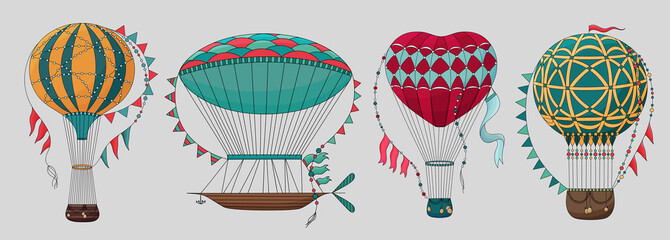 Set of Vintage hot air balloon. Different balloon aerostat collection. Color air balloons isolated. Large bag filled with hot gas and basket. Flying transport. Hand drawn vintage style flight airship. © Belchatina