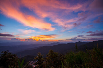 Mountain scenery during the Sunset At Doi Pui Chiang Mai, Thailand.