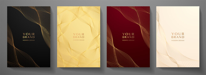 Contemporary technology cover design set. Luxury red background with gold line pattern (guilloche curves). Premium vector backdrop for business layout, digital certificate, formal brochure template