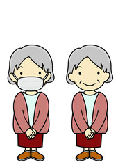 マスクをつけている・つけていない年配女性のイラストセット（感染予防・アフターコロナ等に）