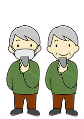 マスクつけて・外してマホを見ている年配男性のイラストセット（感染予防・アフターコロナ等に）