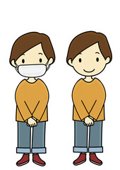 マスクをつけている・つけていない女性のイラストセット（アフターコロナ等に）