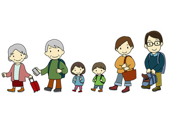 笑顔で外出する家族とペットのイラストセット（アフターコロナのイメージ等に）