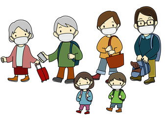 マスクをつけて外出する家族のイラストセット（アフターコロナのイメージ等に）