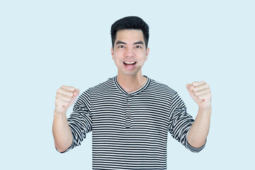 Portrait handsome young asian man wearing t-shirt showing successful sign isolated on white background. Asian man people. business success concept.