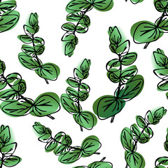 Нand-drawn color seamless pattern with eucalyptus branches on green spots.Vector illustration for wrapping paper covers, wedding invitations and greeting cards 