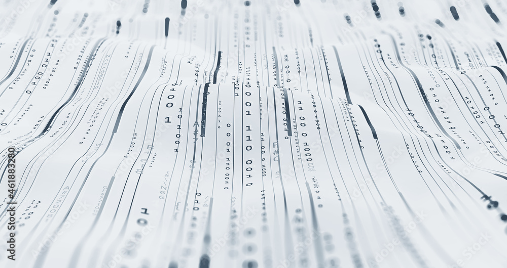 Poster Data lines, wireless data loops, cyber stripes 3D illustration. Big data stream. Wavy plane with digital code elements