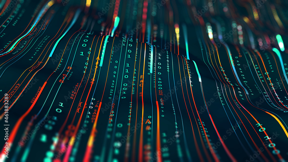 Poster Wavy field, lines with a digital code. Digital structure, big data concept 3D illustration. Coded data loop. Cyberspace background