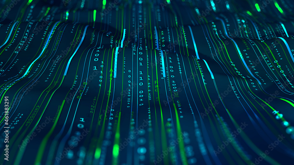 Poster Data lines, wireless data loops, cyber stripes 3D illustration. Big data stream. Wavy plane with digital code elements