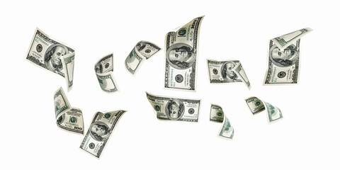 Dollar sign. American money. Cash white background, us bill. Money falling.