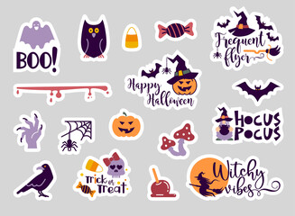 Halloween stickers with popular slogan inscriptions. Vector quotes. Illustration for Halloween