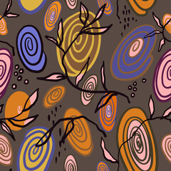 Seamless circle pattern with linear art drawn, tree branch. Endless colorful texture, print on dark grey background