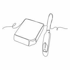 Continuous one line drawing of knife over a briquette piece of a butter composition in silhouette on a white background. Linear stylized.