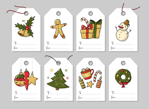 set of 8 christmas tags decorated with hand drawn doodles and copy space for signature. Good for labels, stickers, prints, cards, etc. EPS 10