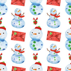 Cute winter merry christmas new year seamless pattern hand drawn in watercolor with cheerful snowman, scarf, letter December cozy atmosphere