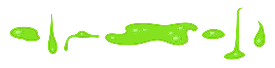 Set of bright lime green slime drips and blots of Halloween design in comic style. Glow silicon drops as a fidget toys popit. Monster style with green splashes. Isolated cartoon vector illustration.