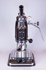 Espresso coffee machine . Front view retro design, coffee maker. Home and household appliances.